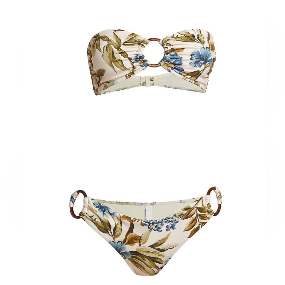 Zimmermann Aliane Ring Bandeau Bikini Set Khaki Floral Size 1